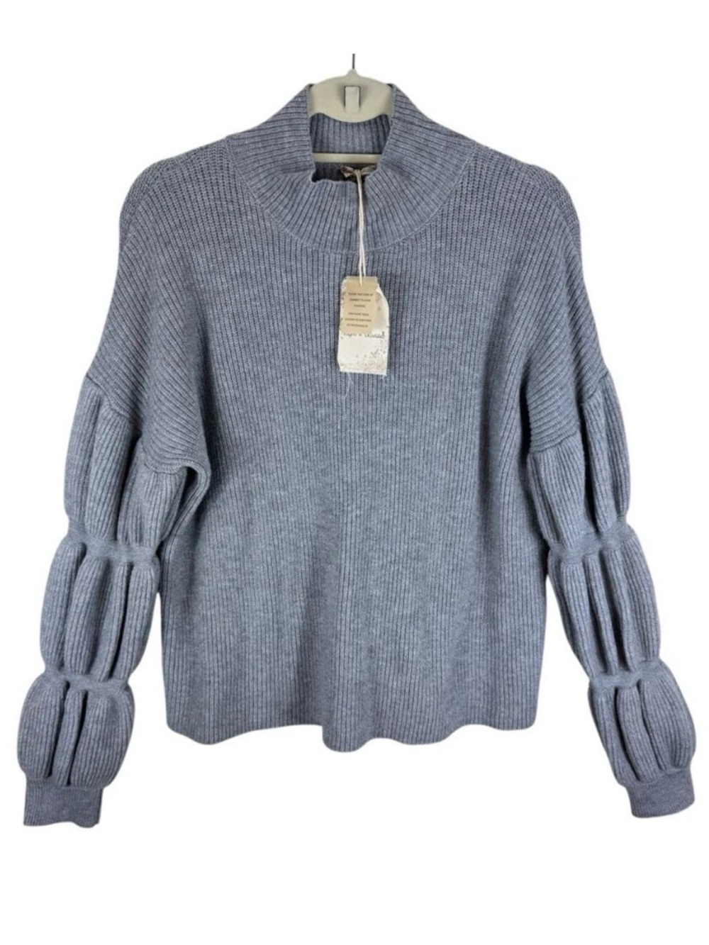 Hem &‎ Thread NWT Gray Ribbed Knit Long Bubble Sleeve Mock Neck Sweater Size L